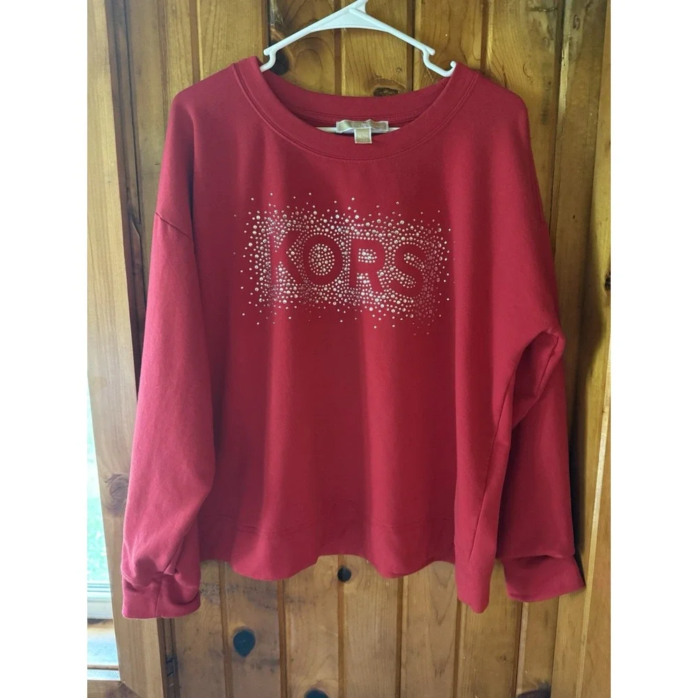 MICHAEL KORS Women's Sweatshirt Size  XL Sparkling Crystal Logo  Red Top‎